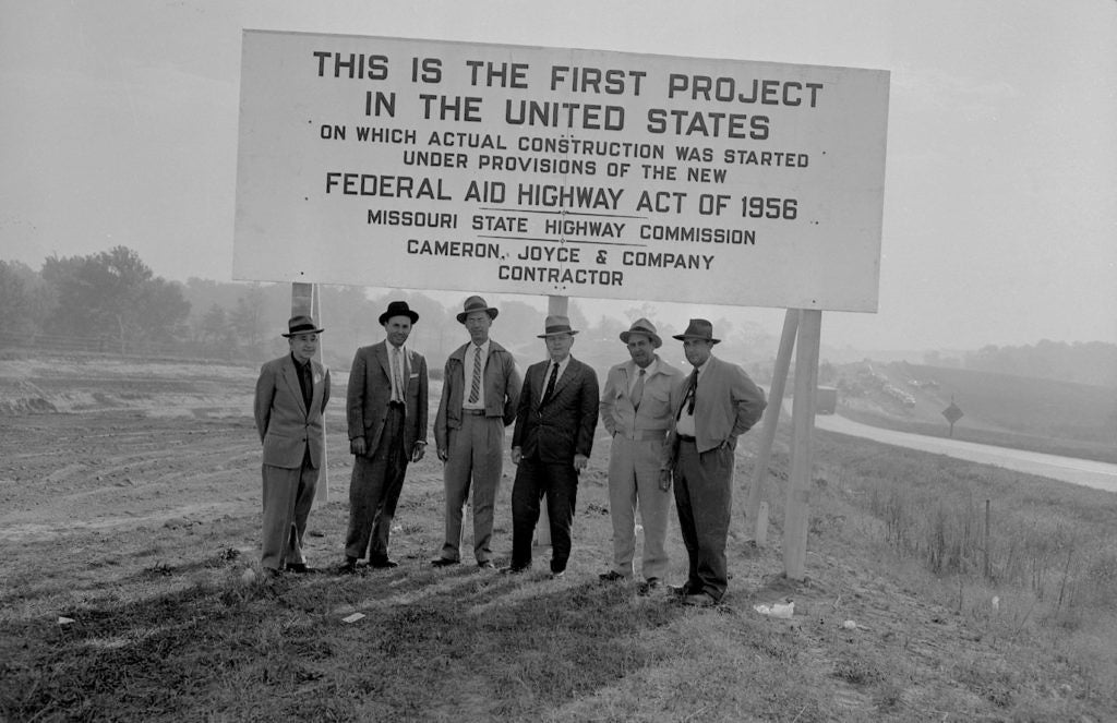 On August 2, 1956, the Missouri State Highway Commission awarded the first construction contract under the new Federal-Aid Highway Act. The contract was for improving Route 66 into Interstate 44 in Laclede County between Springfield and Rolla. Missouri also became the first state to initiate construction under a federal contract. Photo courtesy Missouri Department of Transportation.

