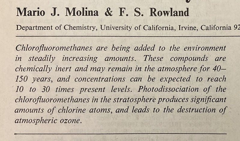 Abstract, ”Stratospheric sink for chlorofluoromethanes: Chlorine atomc-atalysed destruction of ozone,” by Mario J. Molina and F.S. Rowland, Nature, vol. 249, p. 810, June 28, 1974 (The Linda Hall)