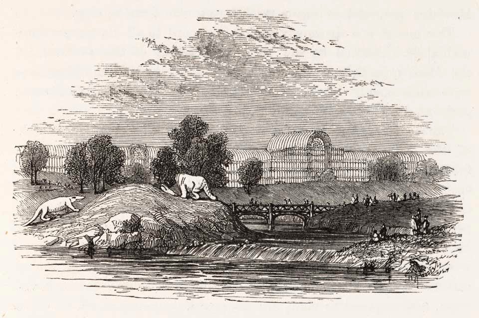 Crystal Palace dinosaur Park grounds. This work was on display in the original exhibition as item 6. Image source: Owen, Richard. Geology and Inhabitants of the Ancient World. London: Crystal Palace Library, and Bradbury & Evans, 1854, p. 5.