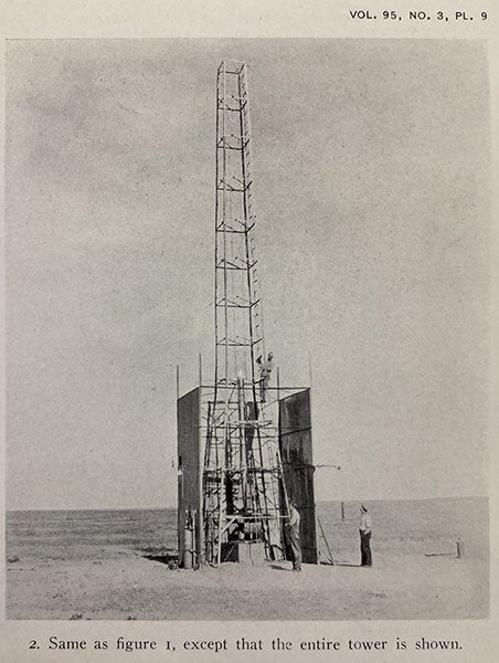 Rocket launch tower, Roswell, New Mexico, photograph,  “Liquid-Propellant Rocket Development,” by Robert H. Goddard, Smithsonian Miscellaneous Collections, plate 9, fig. 2, vol. 95, no. 3, 1919 (The Linda Hall)