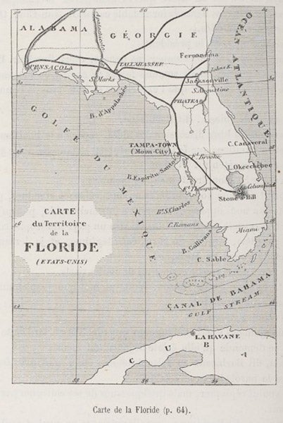 Map of southern Florida and the location of the cannon well at Stone Hill, wood engraving after a design by Henri de Montaut, in De la terre à la lune, by Jules Verne, 1865, here from the 1868 ed, Bibliothèque nationale de France (gallica.bnf.fr)