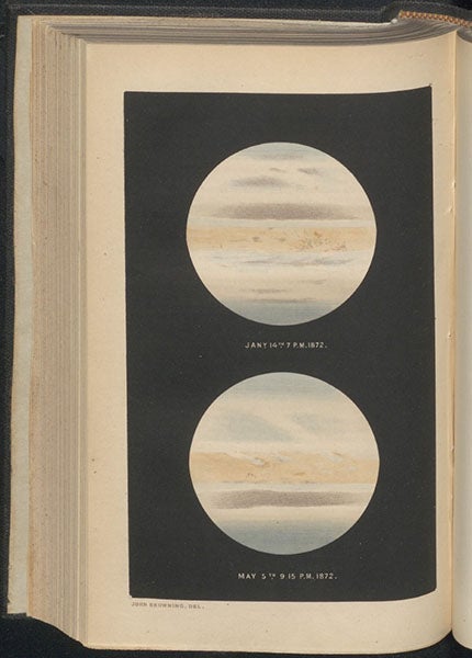 Jupiter, as seen on Jan. 14 and May 5, 1872, drawn by John Browning, lithographed plate in Monthly Notices of the Royal Astronomical Society, vol. 32, 1871-72 (Linda Hall Library)