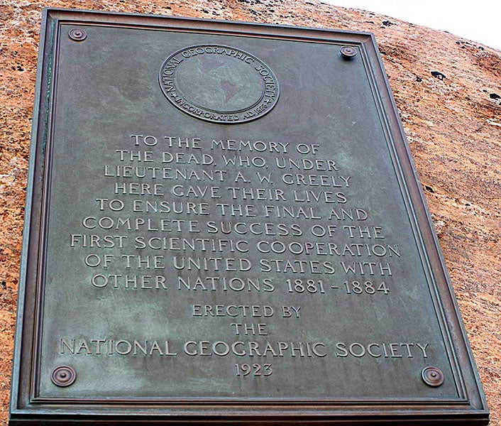 Memorial to the dead of the Greely expedition, Pim Island, placed there in 1923 by the National Geographic Society (Wikimedia commons)