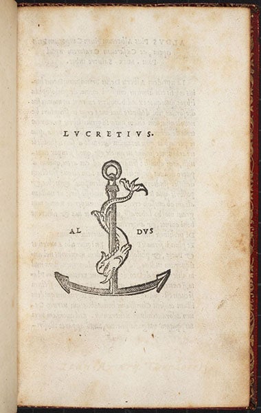 The printer’s mark of the Aldine Press, a dolphin and anchor, with the motto (implied here): festina lente – make haste slowly – in the Aldine edition of Lucretius, De rerum naturae, 1515 (Linda Hall Library)