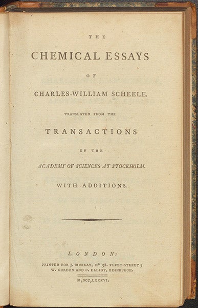 Title page of The Chemical Essays of Charles-William Scheele, trans. by Thomas Beddoes, 1786 (Linda Hall Library)