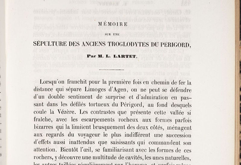 First paragraph, “Memoire sur une sepultre des anciens troglodytes de Perigord," by Louis Lartet, Annales des sciences naturelles, 5th ser., Zoologie et Paleontologie, 1868, vol. 10, p. 133, 1868 (Linda Hall Library)