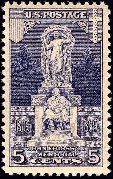 U.S. postage stamp commemorating John Ericsson, with a view of his Washington monument, 1926 (Wikimedia commons)