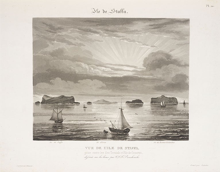 Distant view of Staffa (far left), aquatint, from Panckoucke, L'Ile de Staffa, 1831 (Linda Hall Library)