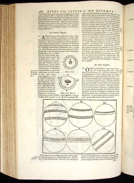 The faces of Jupiter (bottom) and Mars, according to Francesco Fontana, Almagstum novum, by Giovanni Battista Riccioli, vol. 1, p. 486, 1651 (Linda Hall Library)