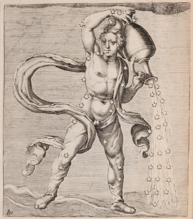 Engraving by Jacobus De Gheyn of Aquarius. Image source: Aratus, Solensis. Hug. Grotii Syntagma Arateorum. Leiden: Ex Officinâ Plantinianâ, 1600, p. 49.