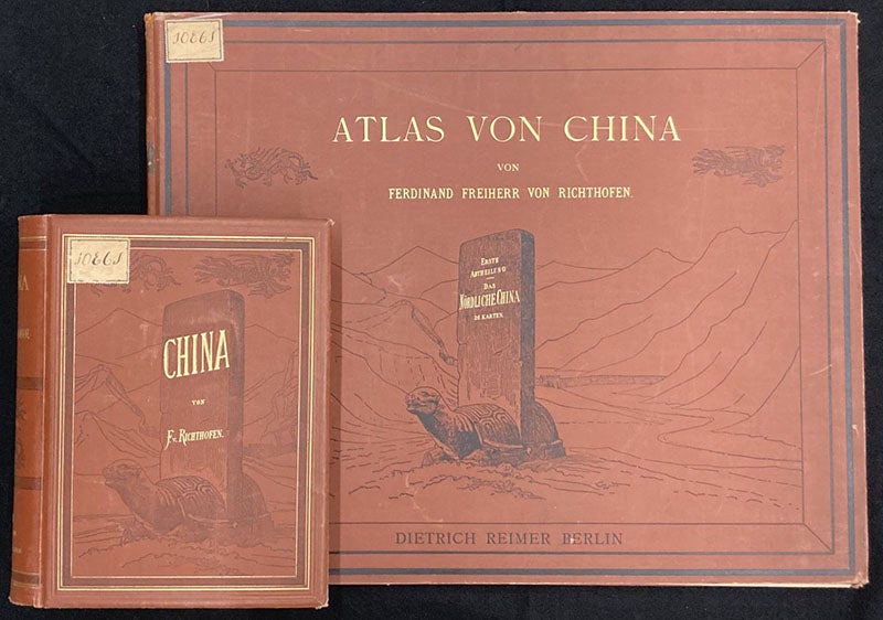 Front cover of atlas volume 1, with text volume 1 included for scale, China: Ergebnisse eigener Reisen und darauf gegründeter Studien, by Ferdinand von Richthofen, 1877-1912 (Linda Hall Library)