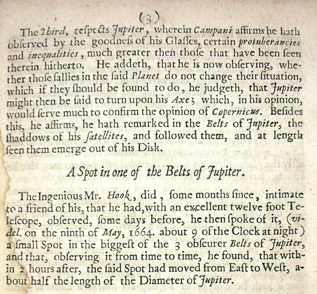 Account of Robert Hooke’s discovery of the Great Red Spot of Jupiter, page 3 of issue no. 1, Philosophical Transactions, edited by Henry Oldenburg, Mar. 6, 1665 (Linda Hall Library)