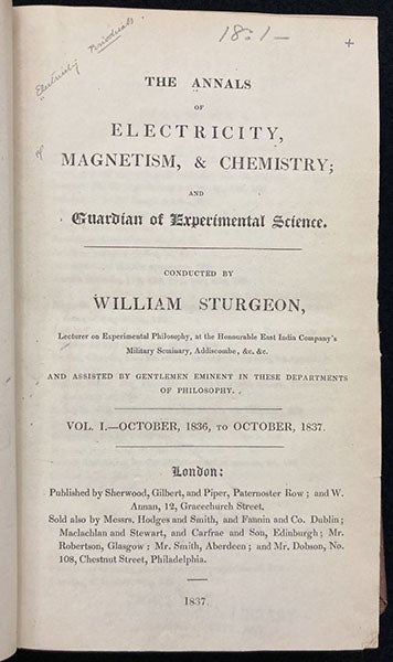 Title page, Annals of Electricity, Magnetism, & Chemistry, “conducted by William Sturgeon”, vol. 1, 1837 (Linda Hall Library)