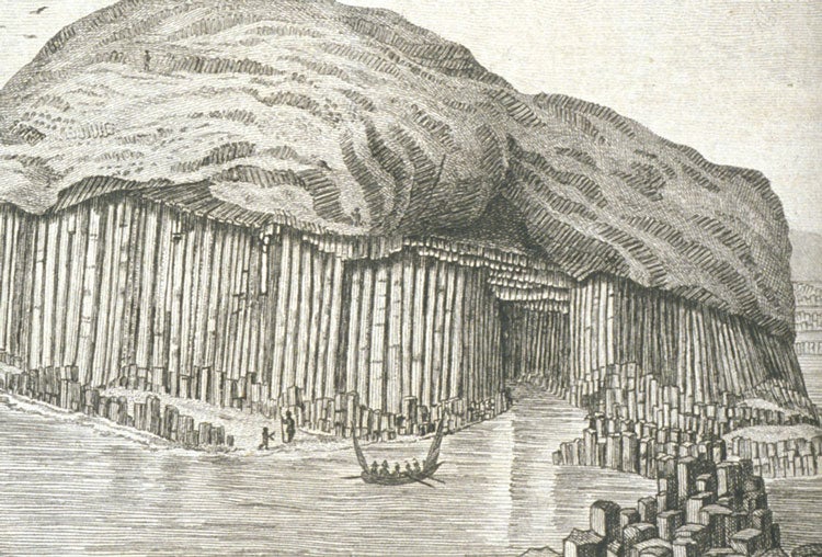 Detail of Staffa Island. Image source: Faujas-de-St.-Fond, cit. Barthélemy (1741-1819). Voyage en Angleterre, en Écosse et aux îles Hébrides: ayant pour objet les sciences, les arts, l’histoire naturelle et les moeurs.... Vol. 2, Paris: H. J. Jansen, 1797, pl. 2.
