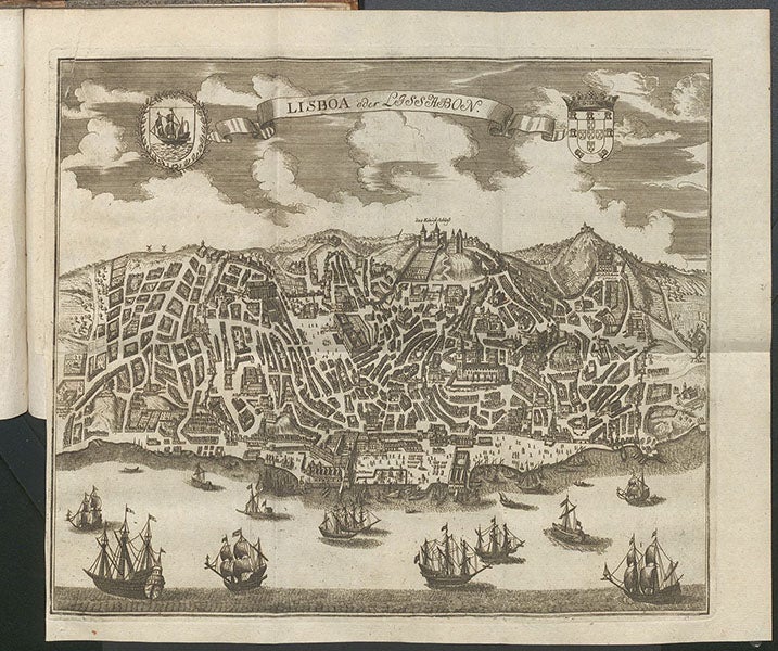 “Lisboa oder Lissabon”, aerial view of Lisbon, double-folding engraving in Gesammlete Nachrichten von dem Erdbeben der Stadt Lissabon, by J.H. Rühlen, and 5 other tracts, Tract 4, 1756 (Linda Hall Library)