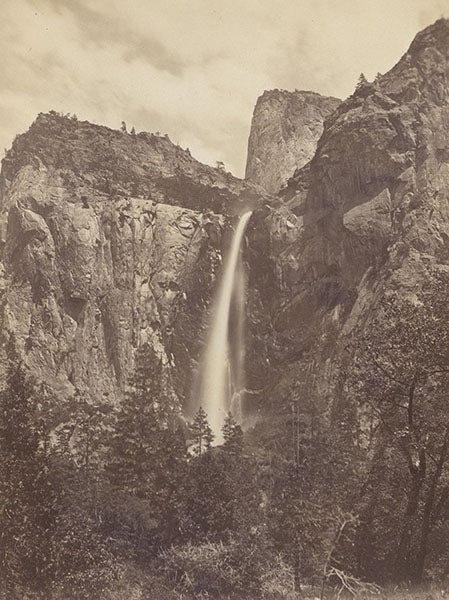 Bridal Veil Falls, photograph by Carleton E. Watkins, albumen print, cropped, in The Yosemite-Book, by Josiah D. Whitney, 1868 [1869] (Linda Hall Library)
