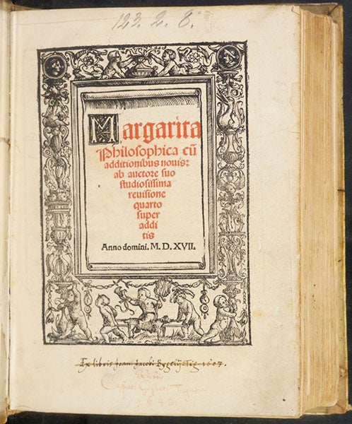 Title page, Margarita philosophica cu[m] additionibus nouis, by Gregor Reisch, 1517 (Linda Hall Library)