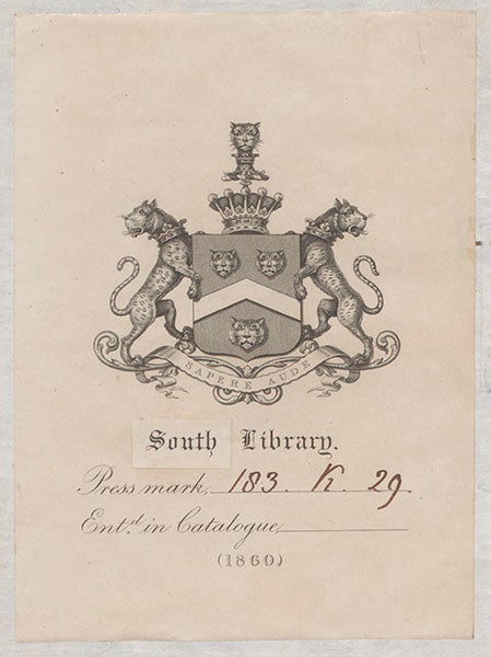 Macclesfield book plate and shelf mark, in Abraham Bosse, Traité des manieres de graver en taille-douce, 1701 (Linda Hall Library)