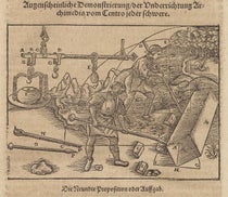 Levers in use according to the law of Archimedes, woodcut, Bawkunst, oder, Architectur, by Walther Hermann Ryff, 3rd ed., p. 526, 1582 (The Linda Hall)