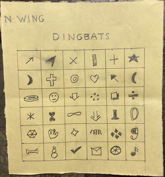 Scrap sheet of paper with ideas for Dingbats, in hand of Nicholas Wing; these proposed type fonts, later called Wingdings, were sent to John Martyn, printer to the Royal Society (royalsocietylondon.org)