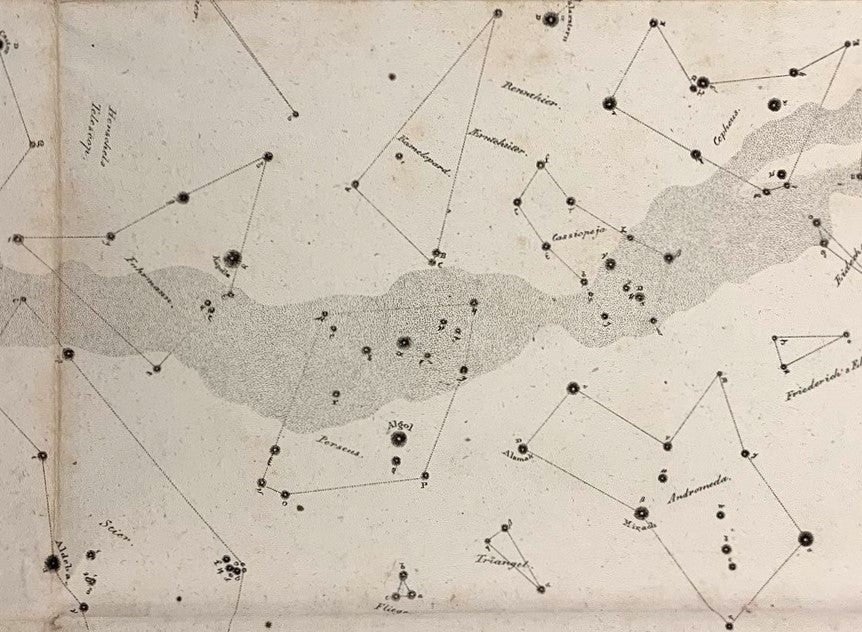 Detail of large folding map, showing Auriga (Fuhrmann), Perseus, Camelopardalis (Kamelopard), Cassiopeia, and Andromeda. Image source: Bartak, Johann Baptist. Gemeinfassliche Anleitung zur leichten Kenntniss des gestirnten Himmels mittelst einer beigefügte grossen Sternkarte. Vienna: J. G. Heubner, 1827.
