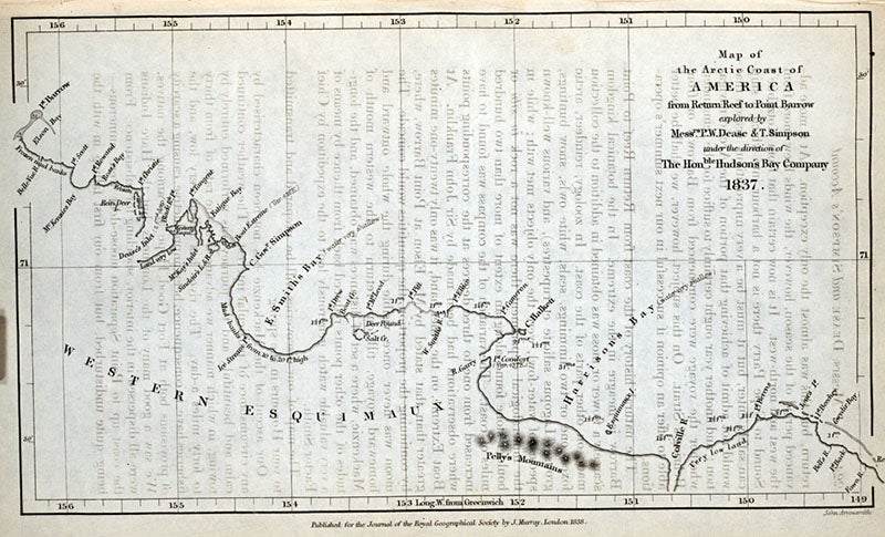 “Map of the Arctic coast of America from Return Reef to Point Barrow, explored by Messrs. P.W. Dease and T. Simson,” Journal of the Royal Geographical Society of London, vol. 8, p. 224, 1838 (Linda Hall Library)