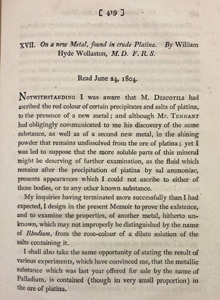 First page of the paper announcing the discovery of the element rhodium, by William Hyde Wollaston, in the Philosophical Transactions of the Royal Society of London, 1804 (Linda Hall Library)