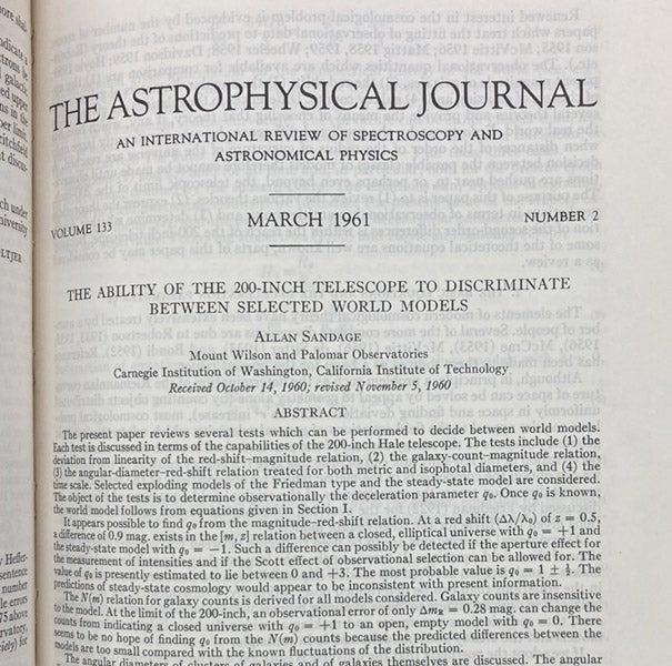 Beginning of article, Sandage, A.R. (March 1961). "The ability of the 200-inch telescope to discriminate between selected world models," Astrophysical Journal, vol. 133(2), p. 355, 1961 (Linda Hall Library)
