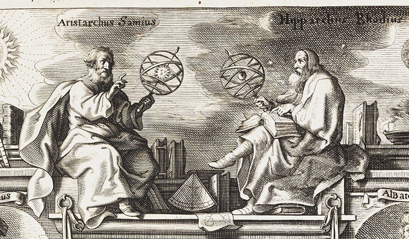 Imagined scene, with Aristarchus of Samos admonishing Hipparchus of Rhodes for his geocentric cosmological stance, detail of top of engraved title page, Tabulae motuum coelestium, by Philippe van Lansbege, 1632 (The Linda Hall)