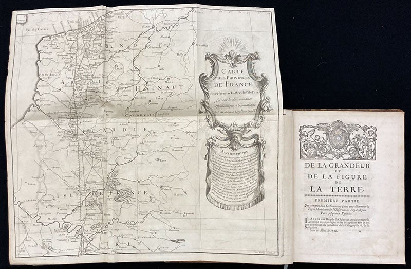 Map of triangulations along the meridian though Paris, north to Dunkirk, frontispiece and half-title, De la grandeur et de la figure de la terre, by Jacques Cassini, 1720 (Linda Hall Library) 
