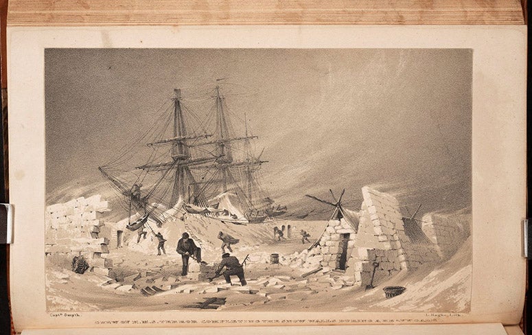 “The crew of H.M.S. Terror completing the snow walls during a heavy gale,” lithograph based on a drawing by William Smyth, in Narrative of an Expedition in H.M.S. Terror … in the years 1836-7, by George Back, 1838 (Linda Hall Library)