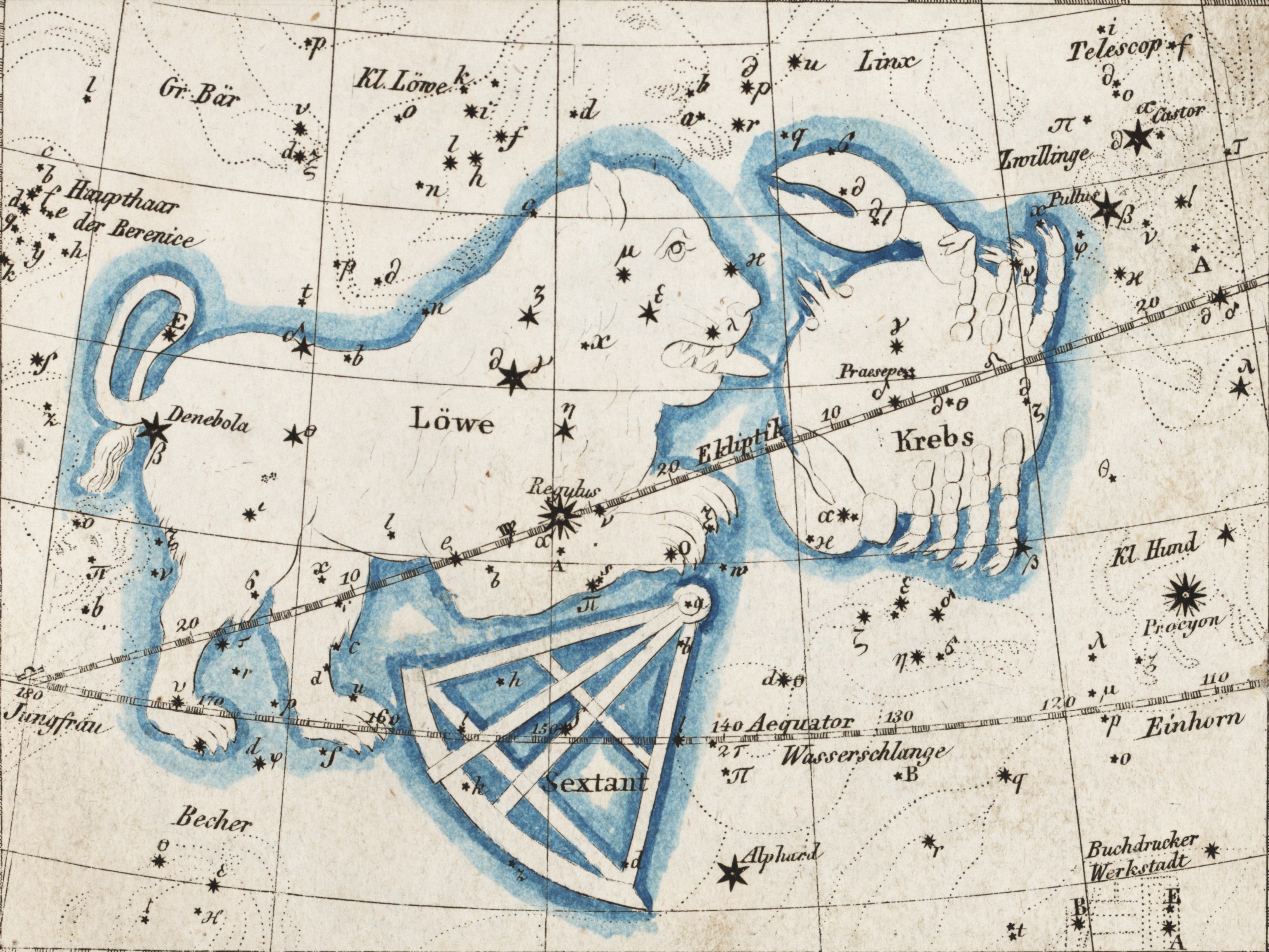 Leo and Cancer. Image source: Riedig, C. G. Himmels-Atlas in 20 Blättern nach den grossen Bodenschen Sternkarten. Leipzig: Schreibers Erben, 1849, pl. 13.