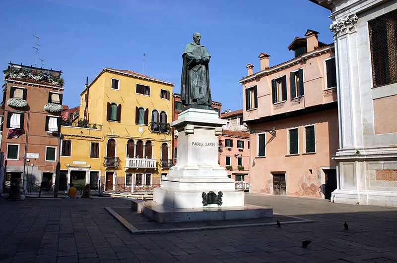 Monument for Paolo Sarpi, bronze sculpture by Emilio Marsili, erected in 1892, Campo Santa Fosca, Venice, near the remains of the Servite church and convent of Santa Maria dei Servi, where Sarpi lived (Wikimedia commons) 