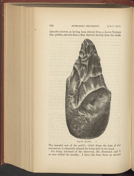 Flint hand-axe from Reculver, Kent, found by Thomas Leech, 1860, wood-engraving, in John Evans, The Ancient Stone Implements, Weapons and Ornaments of Great Britain, 1872 (author’s copy)