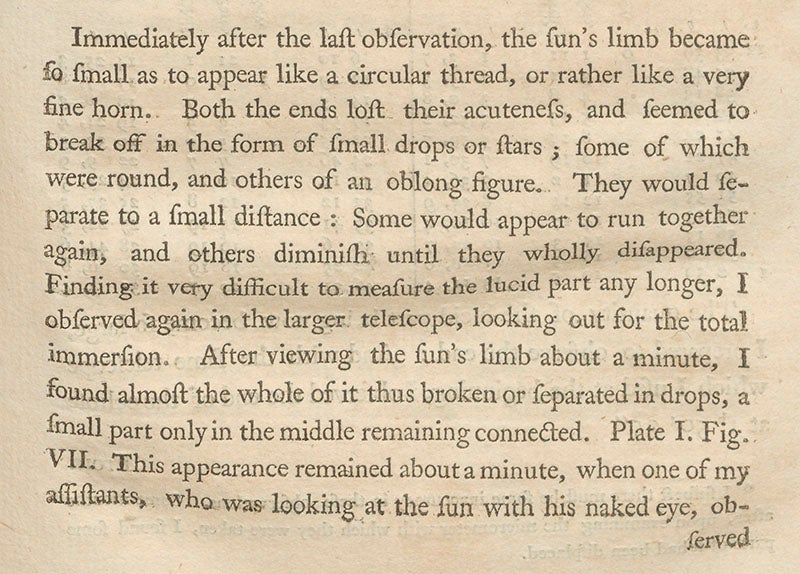 Williams’ description of Baily’s beads, detail, Memoirs of the AAAS, 1780-83 (Linda Hall Library)