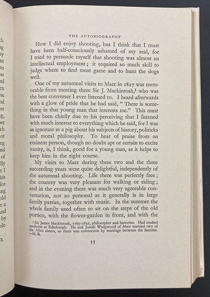 Paragraph discussing James Mackintosh, in The Autobiography of Charles Darwin, 1809-1882, ed. by Nora Barlow, Collins, 1958 (author’s collection)