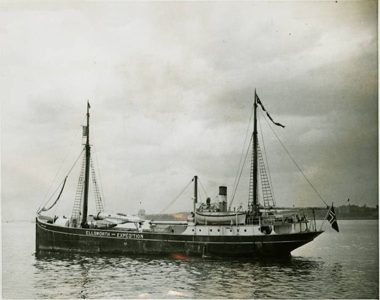 The Wyatt Earp, Ellsworth’s ship, with the Polar Star lashed on deck, photograph, ca 1935, University of Wisconsin – Milwaukee Libraries (collections.lib.uwm.edu)