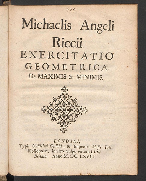 Title page of Michelangelo Ricci, Exercitatio geometrica de maximis & minimis, 1668 (e-rara.ch)