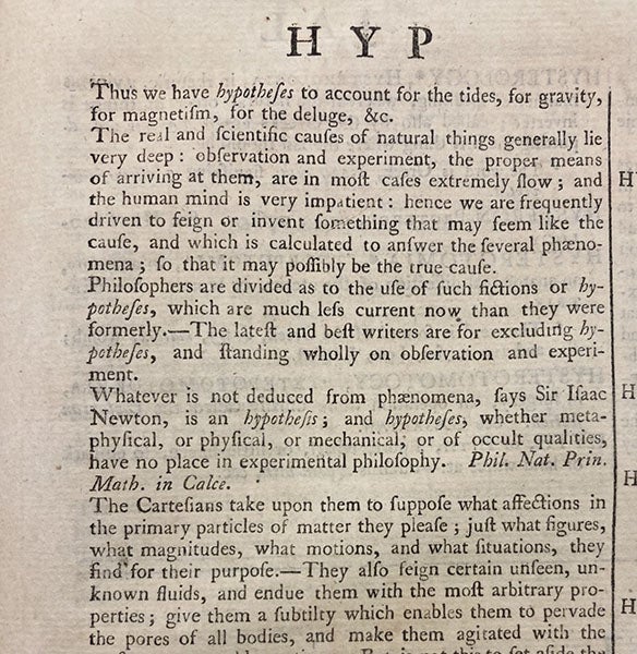 Detail of entry on “Hypothesis,” Cyclopædia, or, an Universal Dictionary of Arts and Sciences, by Ephraim Chambers, 7th ed., vol. 1, 1751-52 (Linda Hall Library)