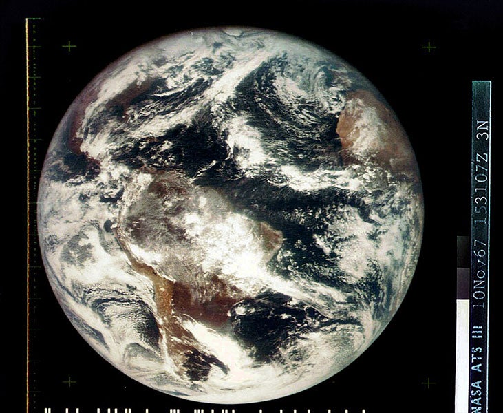 First color photograph of the entire Earth from space, taken by the ATS-3 satellite, Nov. 10, 1967 (Wikimedia commons)
