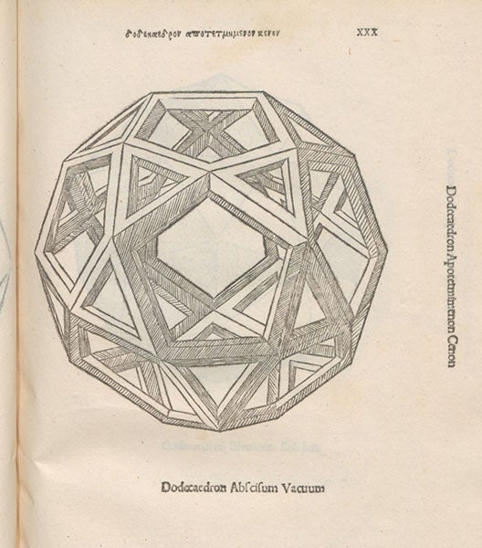 Icosidodecahedron, detail of woodcut after drawing by Leonardo da Vinci, Divina proportione, by Luca Pacioli, plate 30, 1509 (Linda Hall Library)