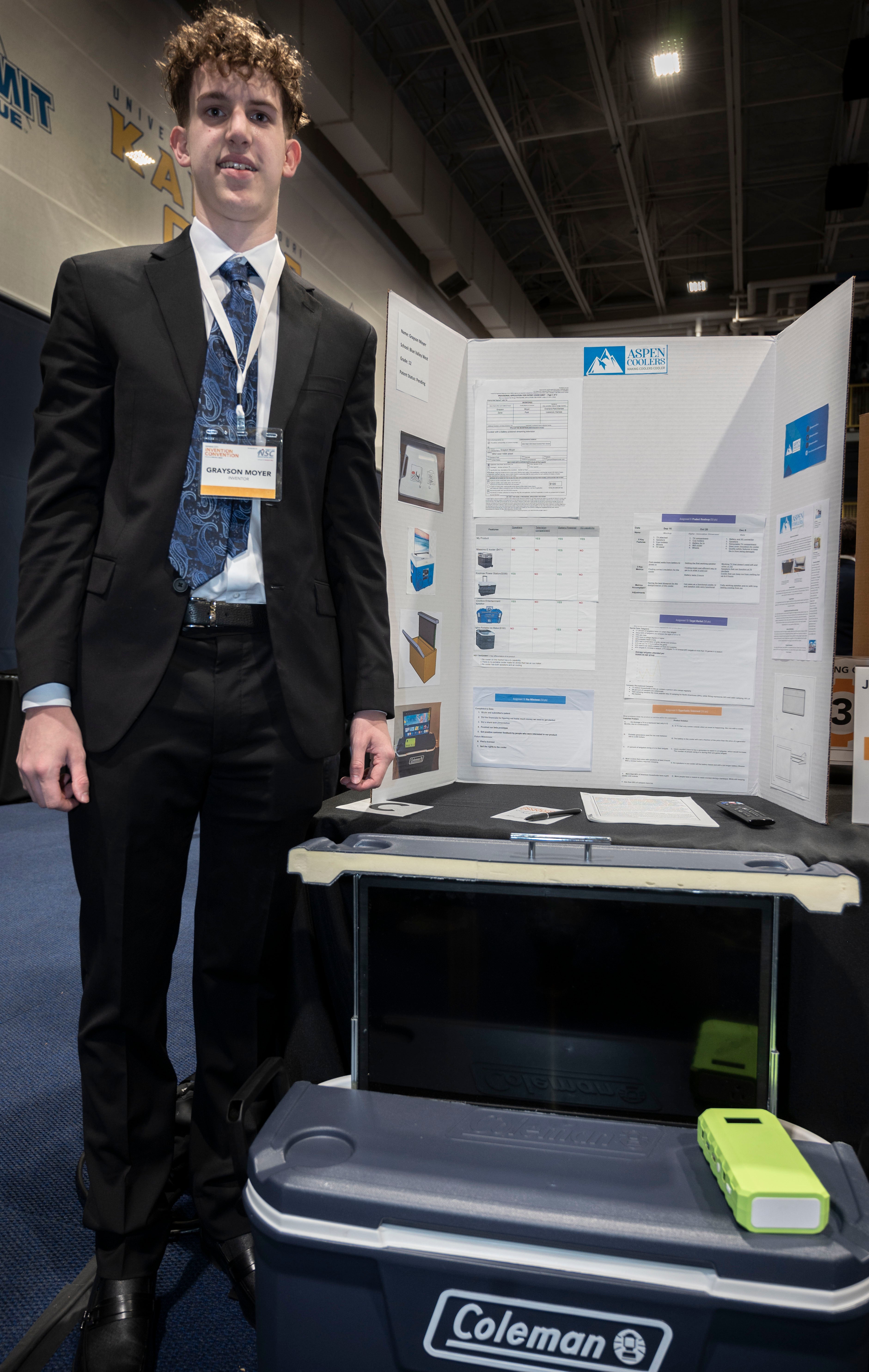 Grayson Moyer with his invention, Aspen Coolers