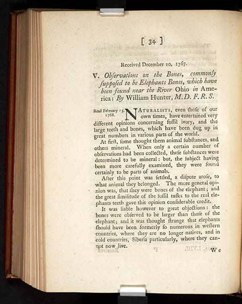 First page of article on the American incognitum, William Hunter, Philosophical Transactions of the Royal Society of London, vol. 58, 1768 (Linda Hall Library)