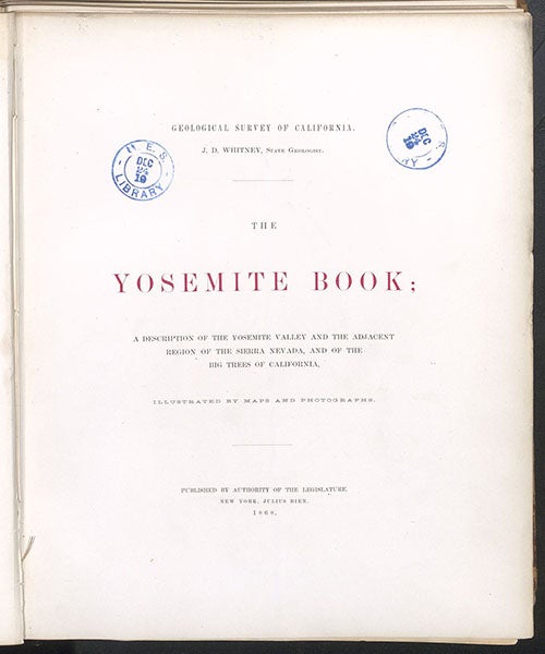 Title page, The Yosemite-Book, by Josiah D. Whitney, 1868 [1869] (Linda Hall Library)
