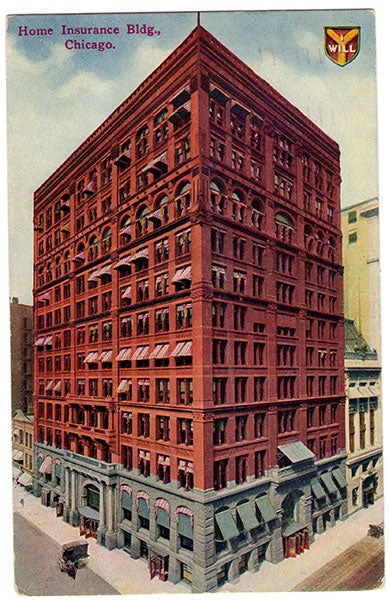 Home Insurance Company Building with two added floors, designed and built by William Le Baron Jenney, additions completed in 1891, early postcard (https://chicagodetours.com)