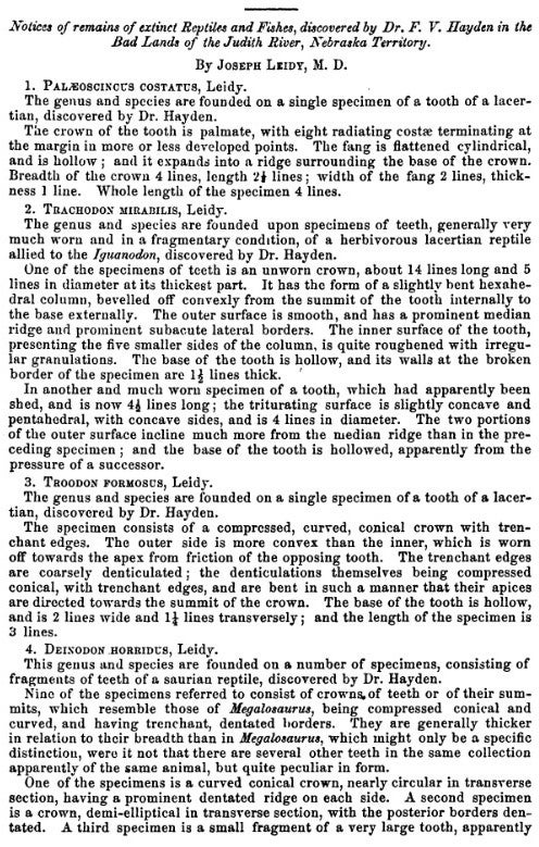 This work was on display in the original exhibition as item 9. Image source: Leidy, Joseph. "Notice of remains of extinct reptiles and fishes, discovered by D. F. V. Hayden in the Bad Lands of the Judith River, Nebraska Territory," in: Proceedings of the Academy of Natural Sciences of Philadelphia, vol. 8 (1856), p. 72.