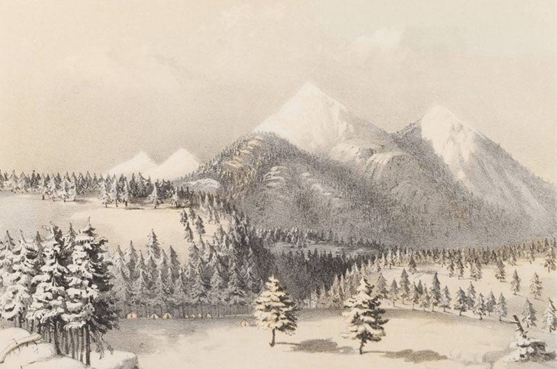 San Francisco Mountain, chromolithograph, Explorations and Surveys for a Railroad Route from the Mississippi River to the Pacific Ocean: Route near the Thirty-Fifth Parallel, by Amiel W. Whipple (Pacific Railroad Report, 3), 1856 (Linda Hall Library)