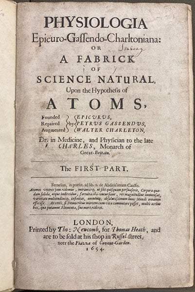 Title page, Physiologia Epicuro-Gassendo-Charletonia, by Walter Charleton, 1654 (Linda Hall Library)