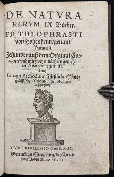 Title page, De natvra rervm, by Phillip Theophrastus von Hohenheim, called Paracelsus, 1584 (Linda Hall Library)