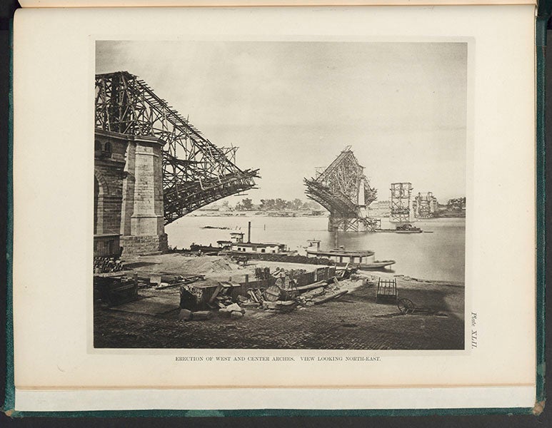 Construction of the west and center arches of the St. Louis Bridge, from C.M. Woodward, <i>History of the Saint Louis Bridge</i>, 1881 (Linda Hall Library)